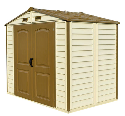 Duramax storage shed, 2.40 x 1.61 with double doors for easier storage access.