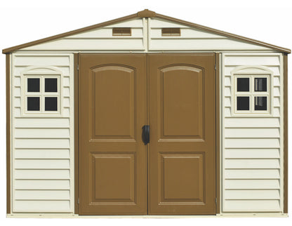 Ivory and brown plastic storage shed, 3.19 x 2.40 m with wide double entry doors and 2 windows.