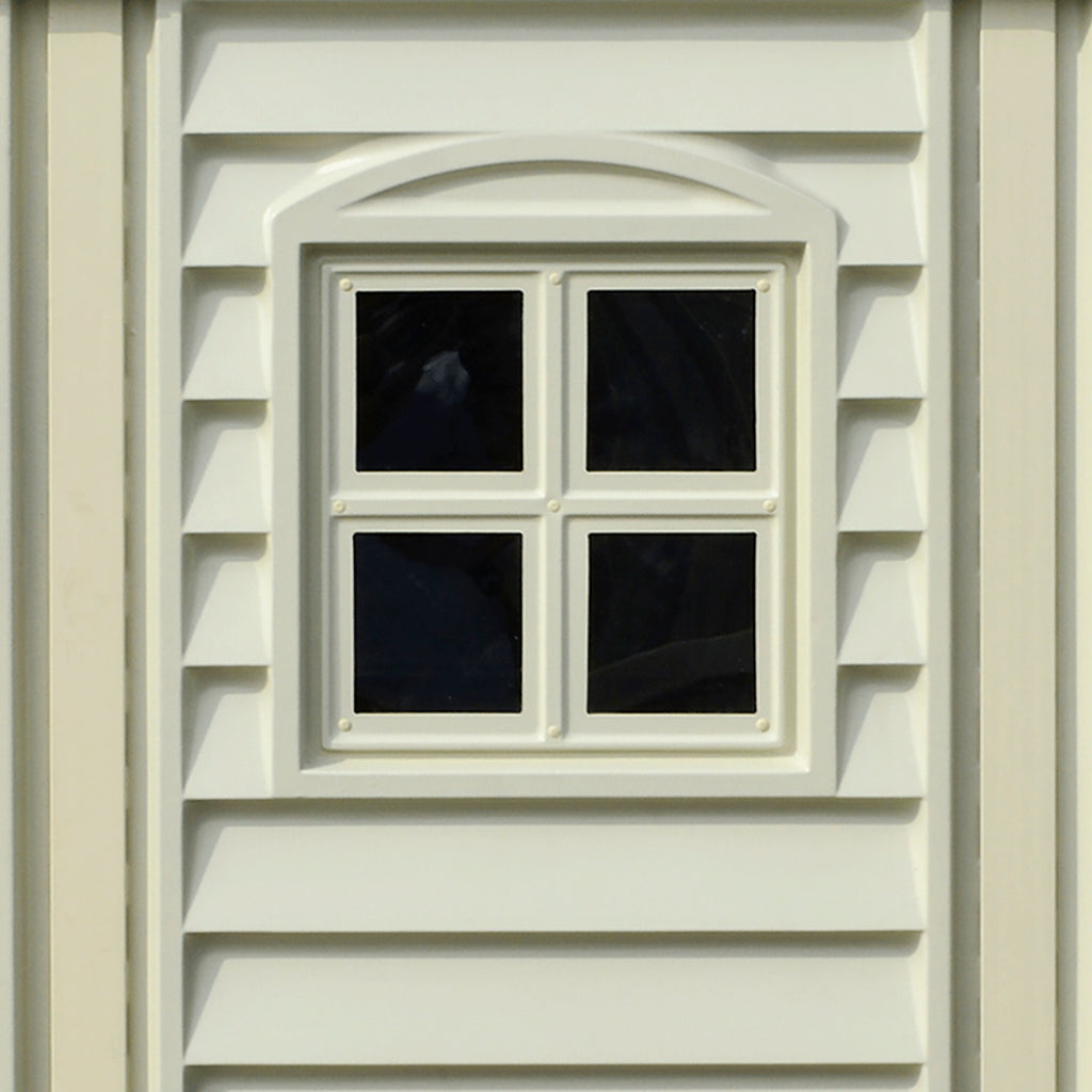 Plastis storage shed, 3.19 x 2.40 m with side window for extra interior light and energy efficiency.