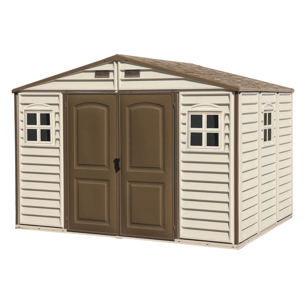 Plastic storage shed in ivory and brown details, 3.19 x 2.40 m with double entry doors and 3 windows for interior light.