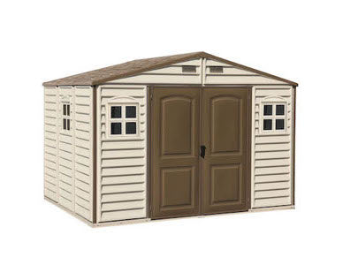 Woodside plastic storage shed for patio, with wide double doors and windows, ideal for storing big and heavy equipment.