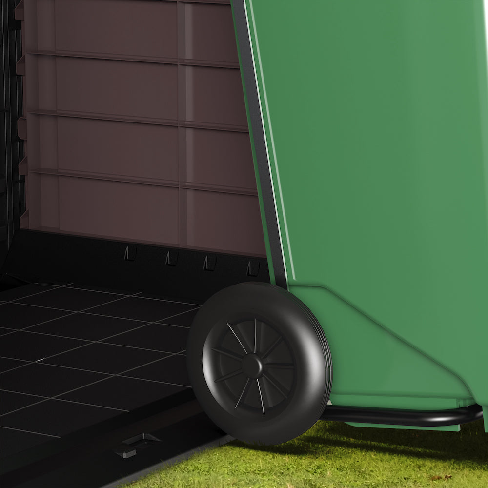Plastic garden shed, easy access for garbage containers.