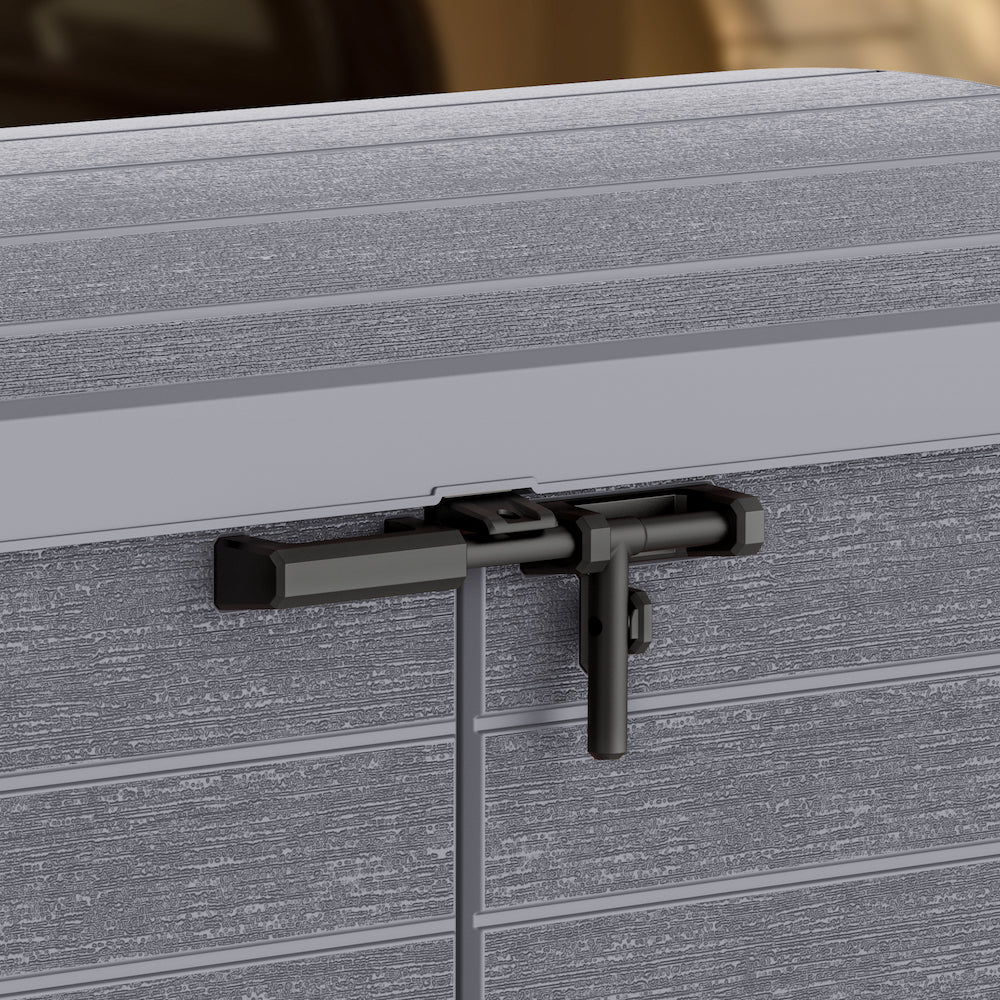 Duramax Storeaway, 1200 L plastic garden storage shed with easy unlock and lock process of the shed.