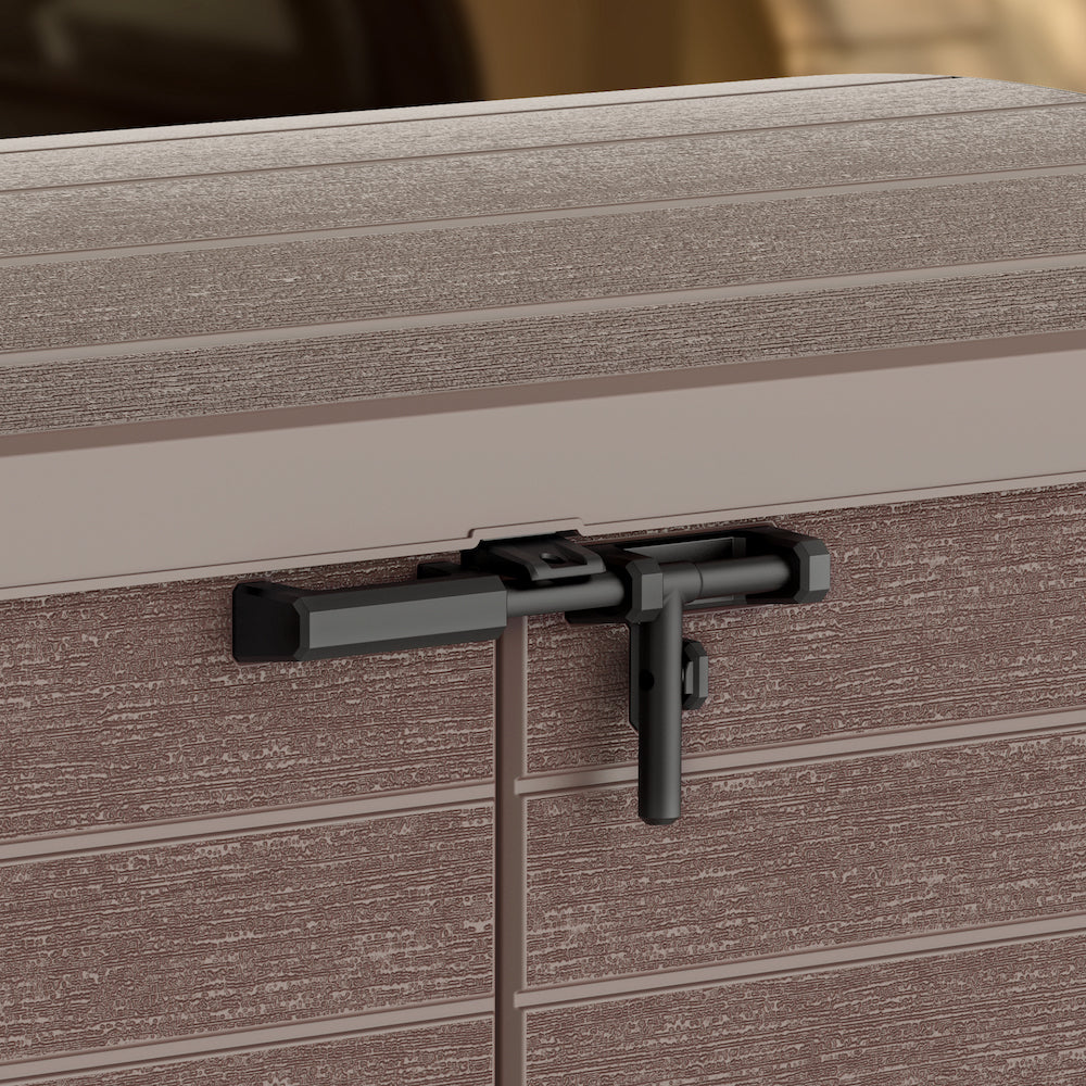 Brown plastic garden shed, easy lock.