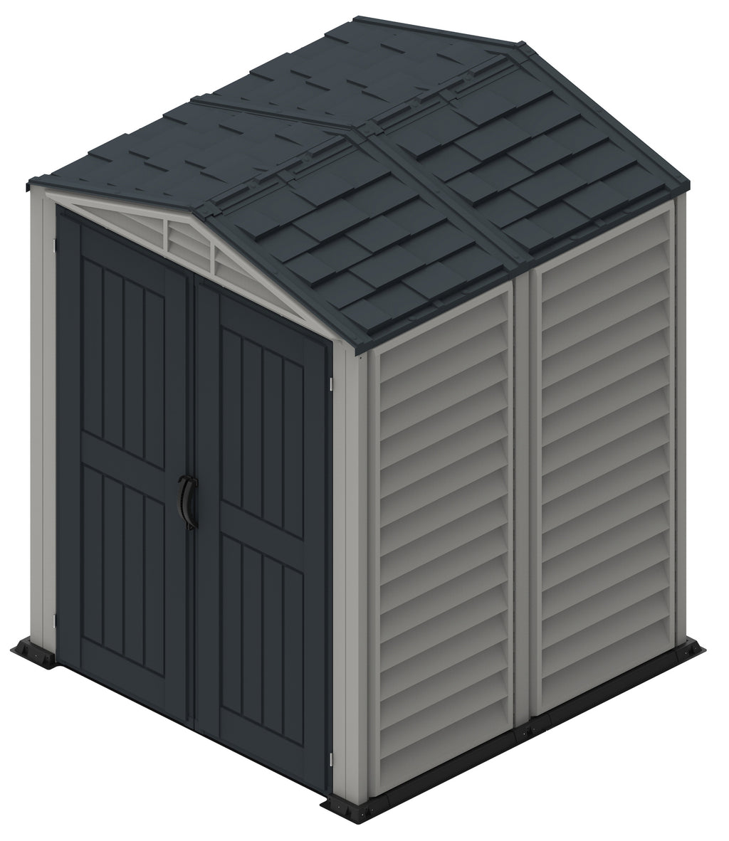 Plastic storage shed, 1.71 x 1.71 m reinforced metal wall columns to store any shelves and heavy gardening tools. 