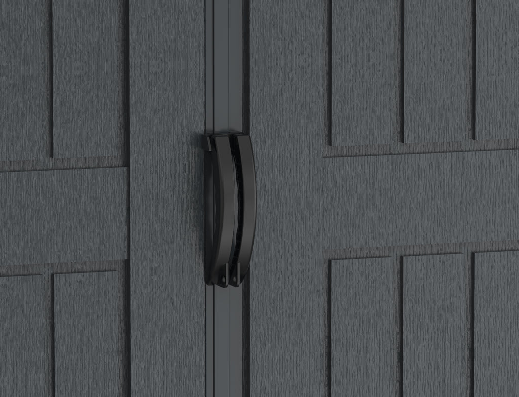 Plastic storage shed, with double door handles.