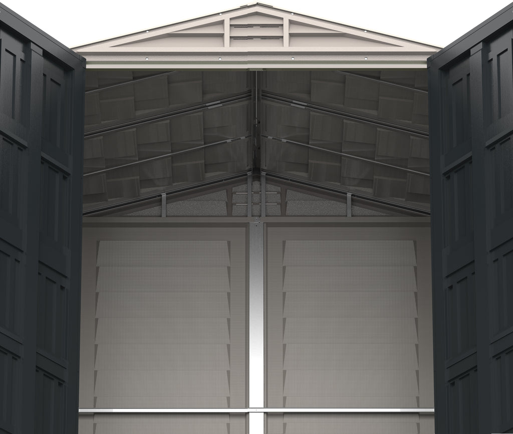 Black and Grey plastic storage shed with steel structure and steel interior beams to support heavy equipment.