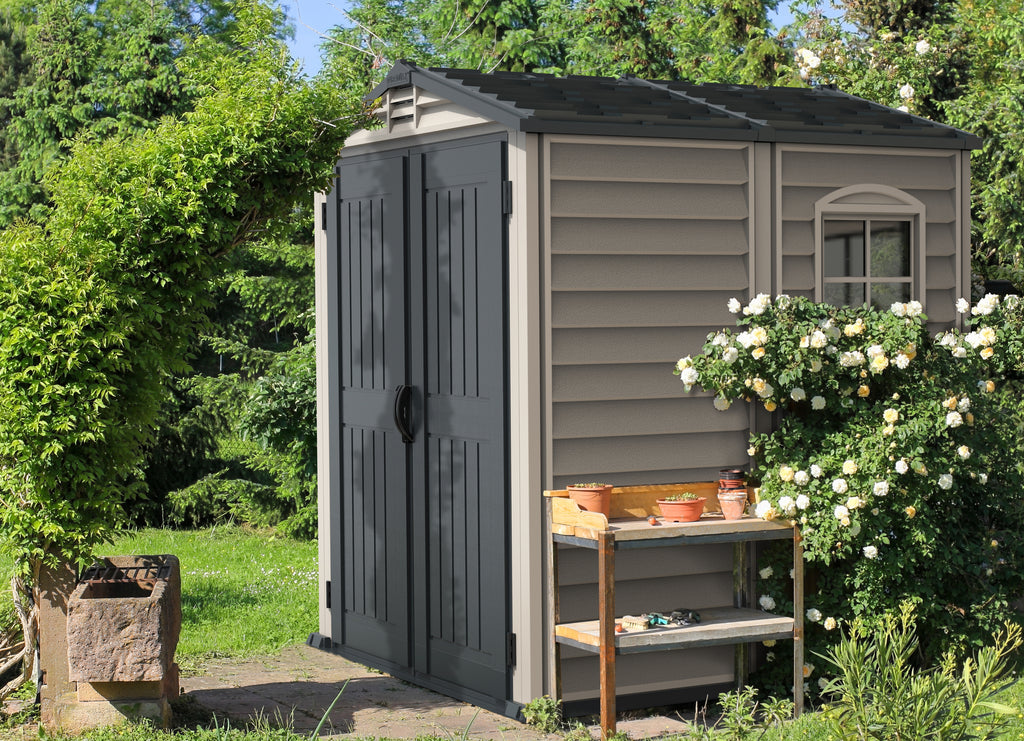 Duramax plastic shed for backyard, 1.91 x 1.91 m, interior made with heavy duty steel to sustain any equipment, 