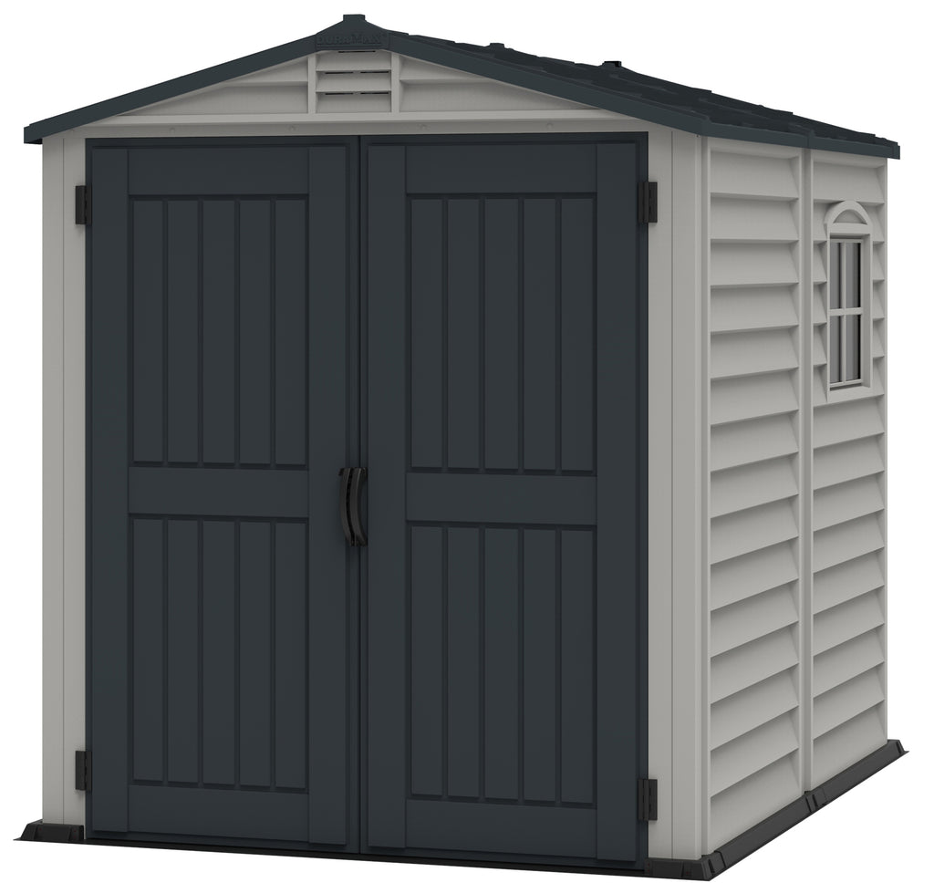 Plastic shed for garden. 1.91 x 1.91 m, includes a plastic floor kit to support big and heavy garden equipment. 