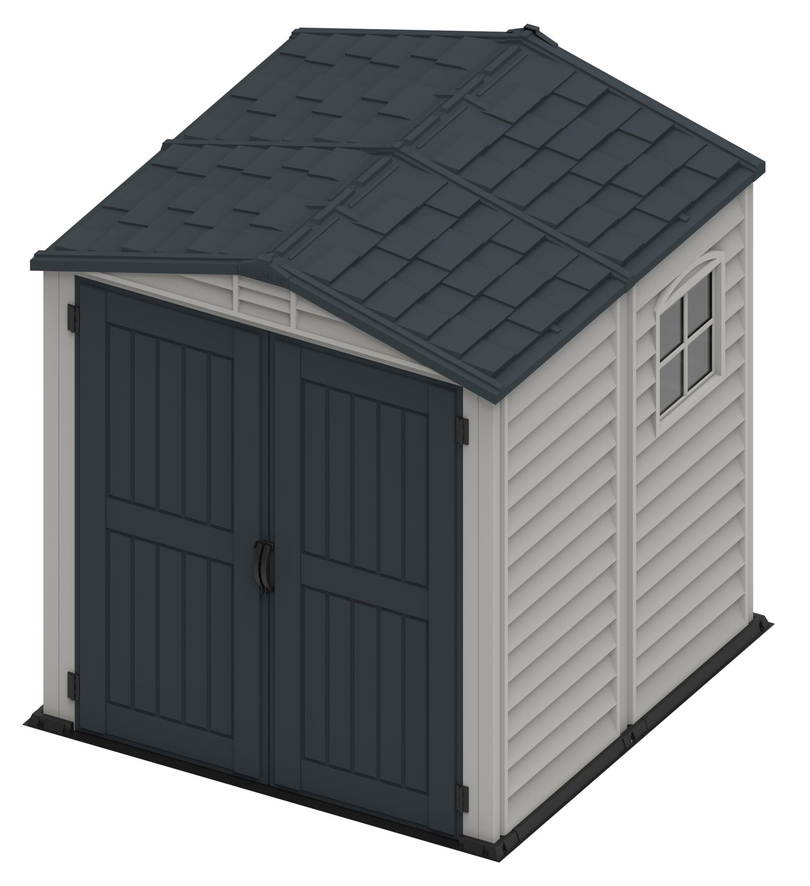 Plastic shed for patio, 1.91 x 1.91 m, with big double entry doors for easy access of equipment.