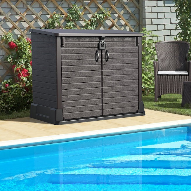 Brown plastic garden storage shed for garden, with top opening and wide doors.