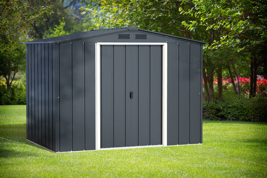 ECO metal shed for outdoor storage,2.52 x 1.,74 m in anthracite with off-white trimmings.
