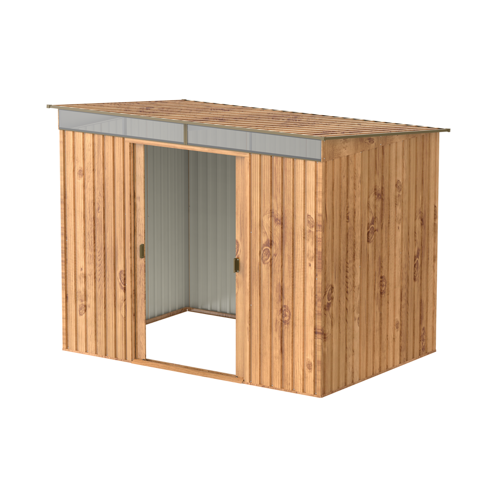 Woodgrain shed for patio with skylight, 2.52 x 1.74 and strong metal pent roof that can handle a big amount of snow.