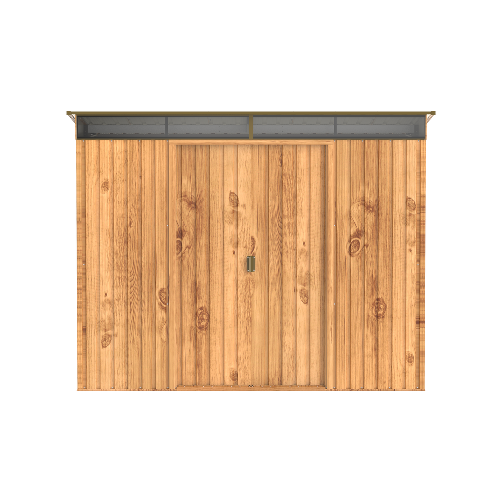 Woodgrain shed with pent roof, 2.52 x 1.74 m.