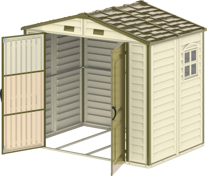 Duramax Plastic shed, 2.40 x 1.61 m with big tall double doors and a foundation kit to elevate shed and a side window for interior light.