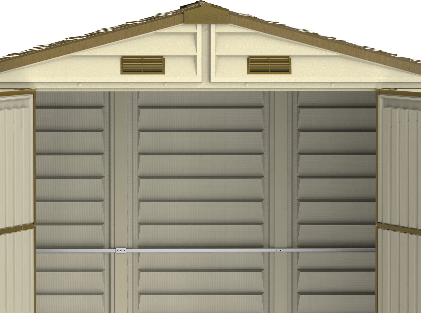 Duramax plastic shed, 2.40 x 1.61 m with double door entry and ventilation.