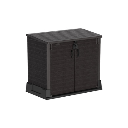 Brown plastic garden storage enhancing with top entry and broad doors for outdoor use. 