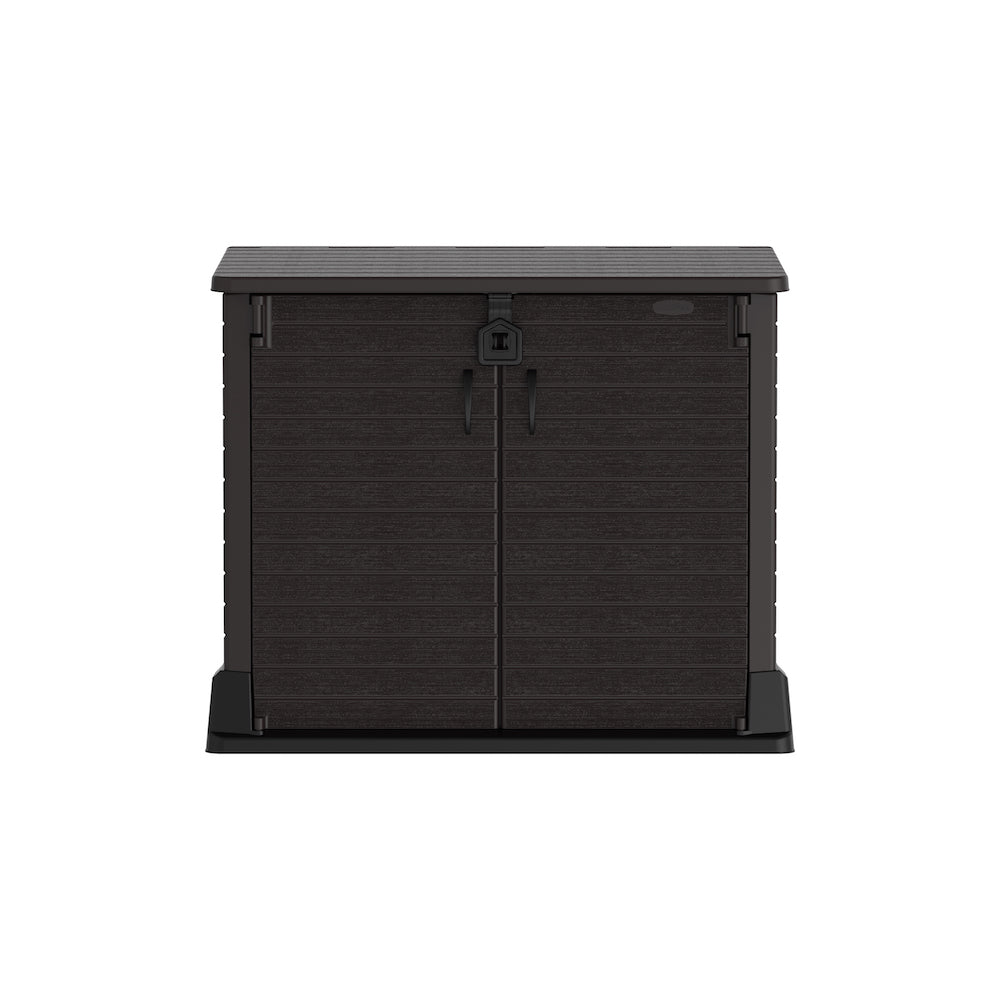 Brown plastic garden storage shed, for outdoor tools, BBQ's and garbage bins.