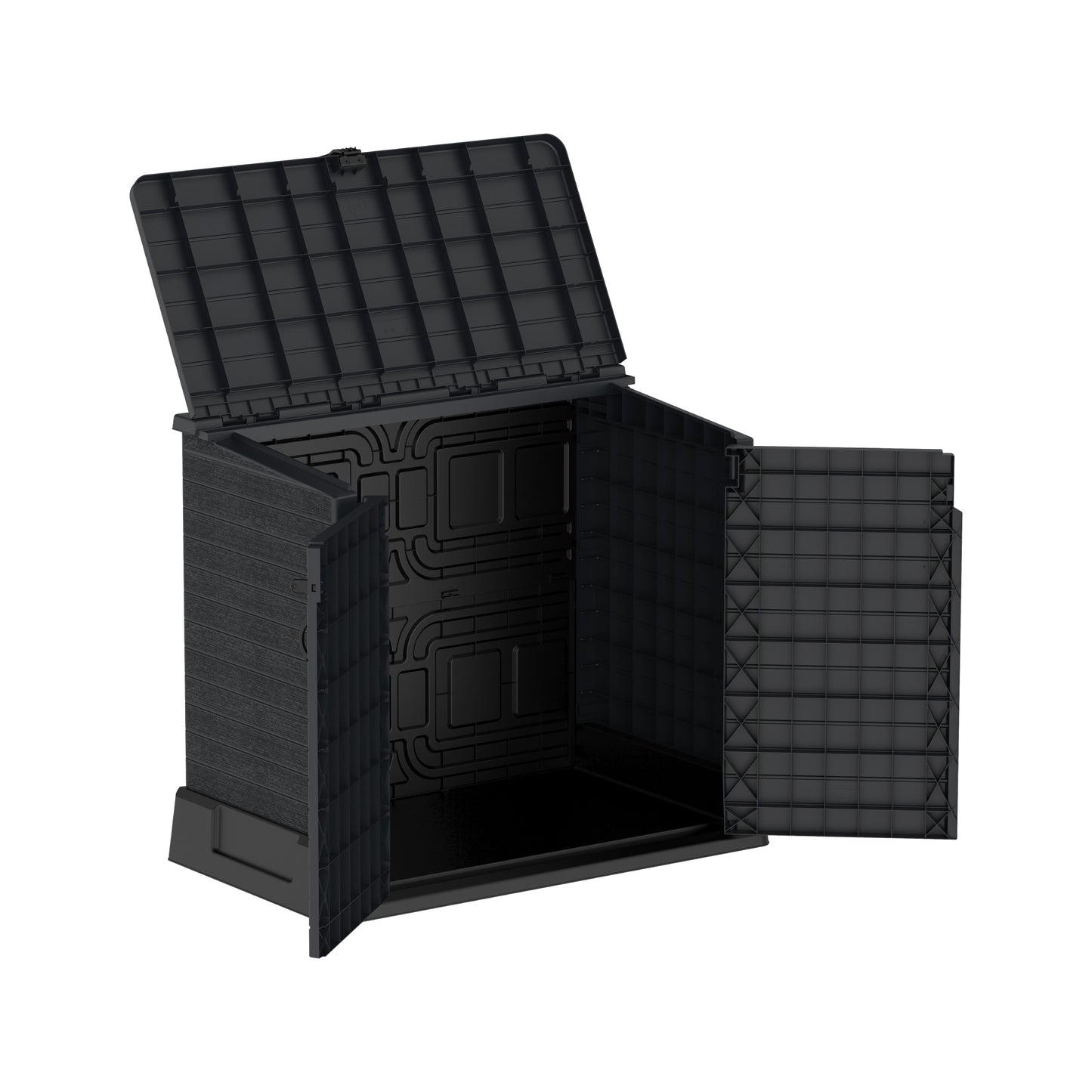Dark grey plastic garden shed for patio, ideal for storing any tools and equipment with wide openings on front and top of the shed.