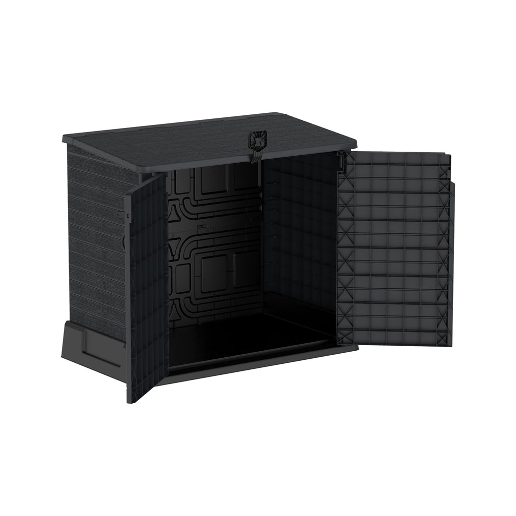 Plastic storage shed for yard with front entry doors for easy access.