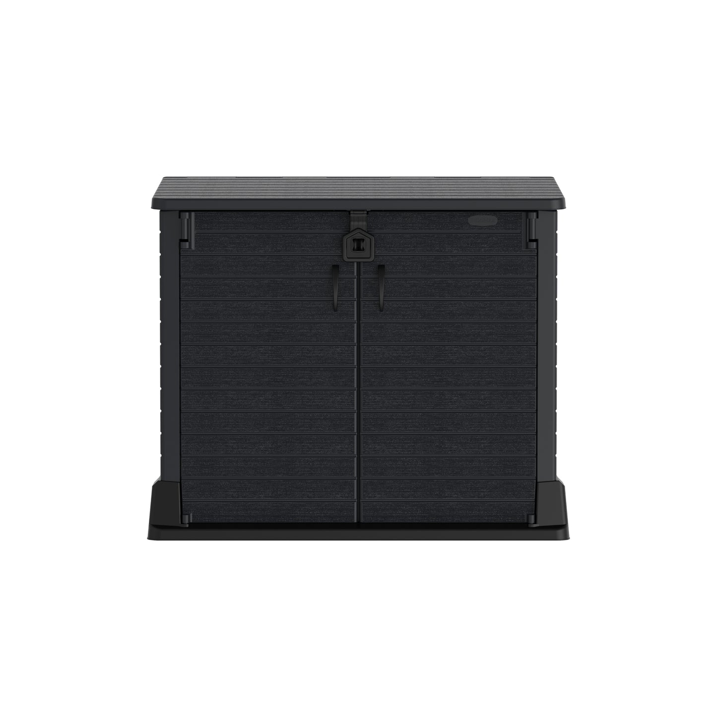 Dark grey, 850 L plastic garden storage shed, for outdoor tools, BBQ's and garbage bins.