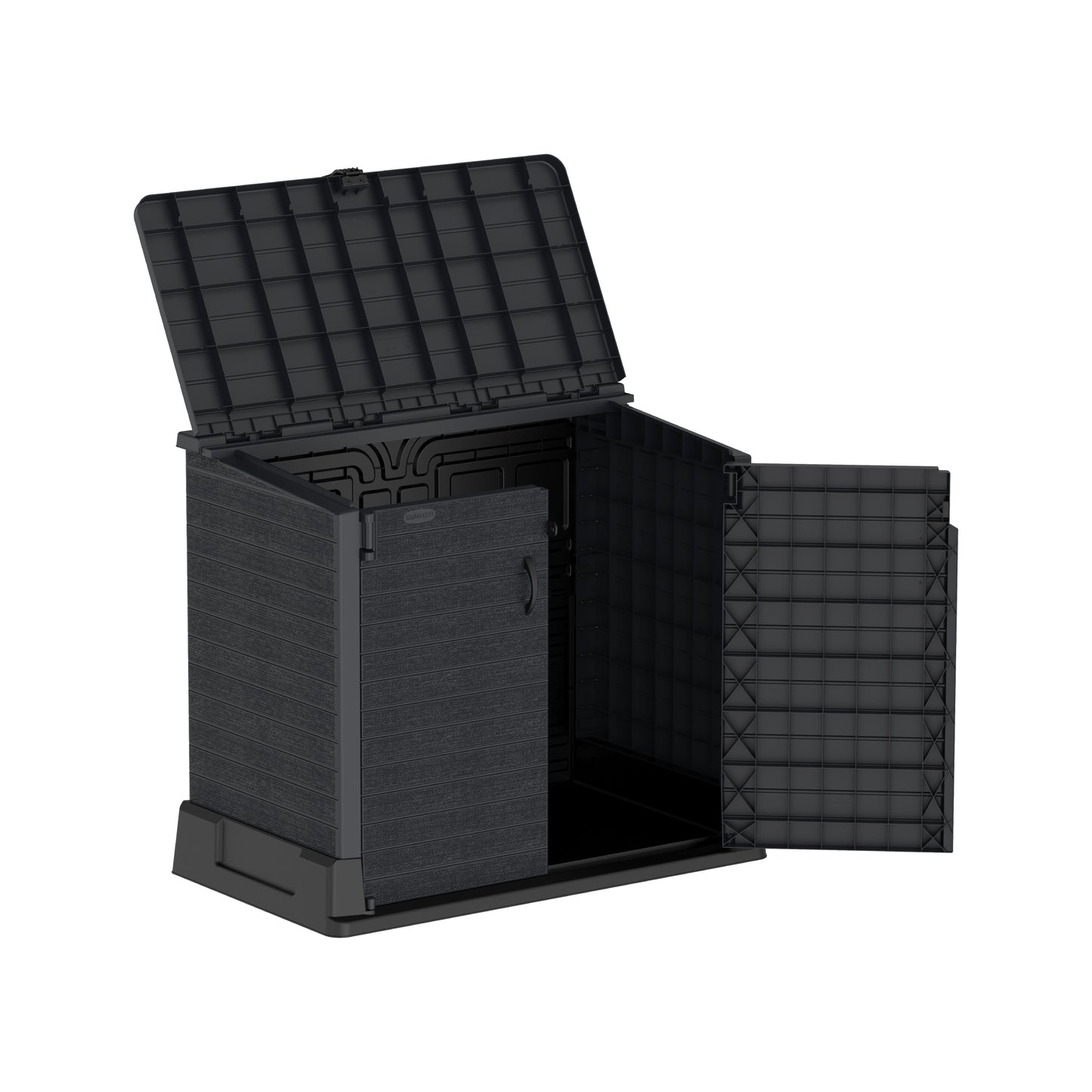 Dark grey plastic storage shed for yard with front and top entry doors for easy access for storing equipment.