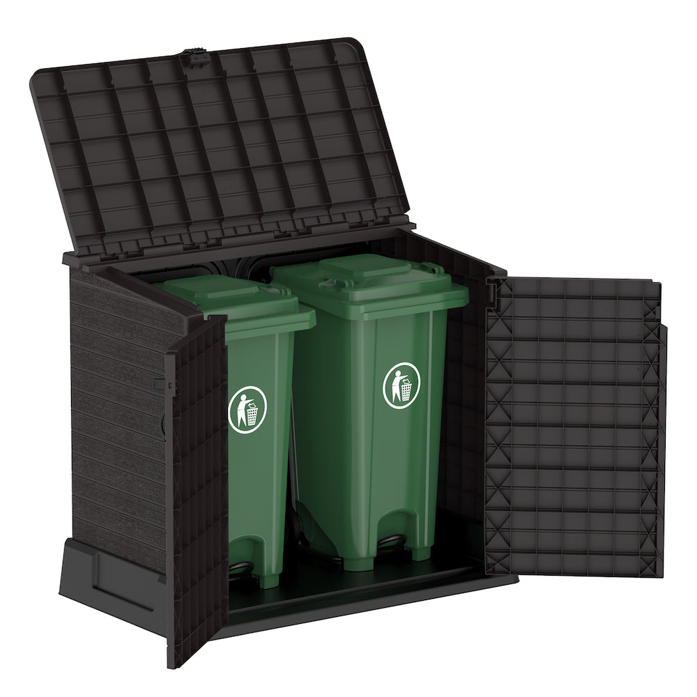 Brown plastic garbage storage shed for outdoor use, ideal for two garbage bins with top entry for easy access.