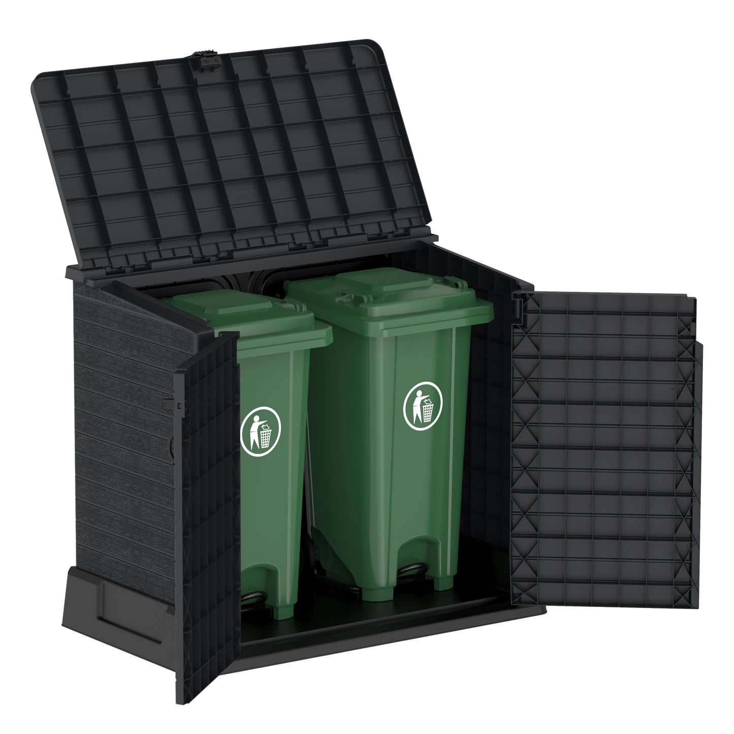 Dark grey plastic garbage storage shed for outdoor use, ideal for two garbage bins with top entry for easy access.
