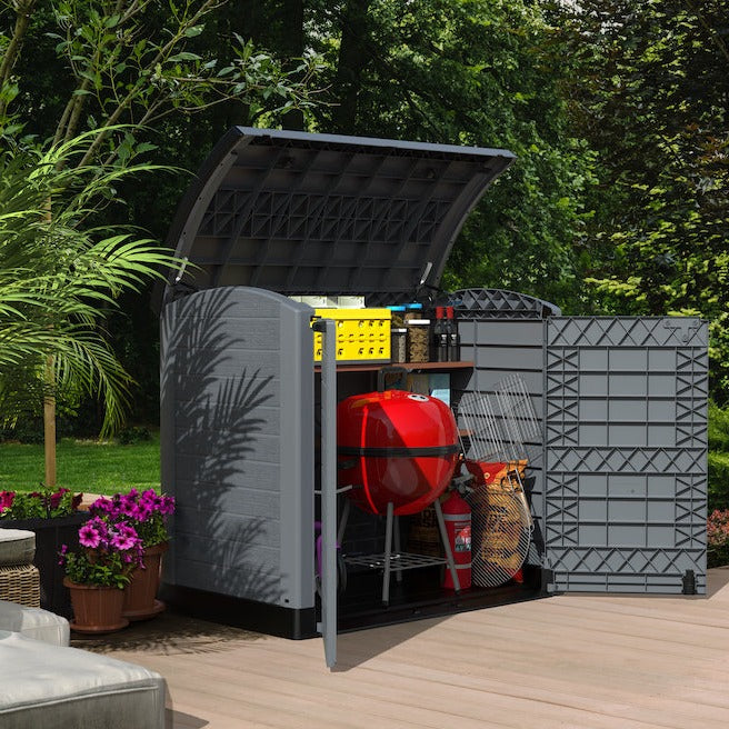 Grey garden storage shed, 1200L can store any folded furniture and decorations