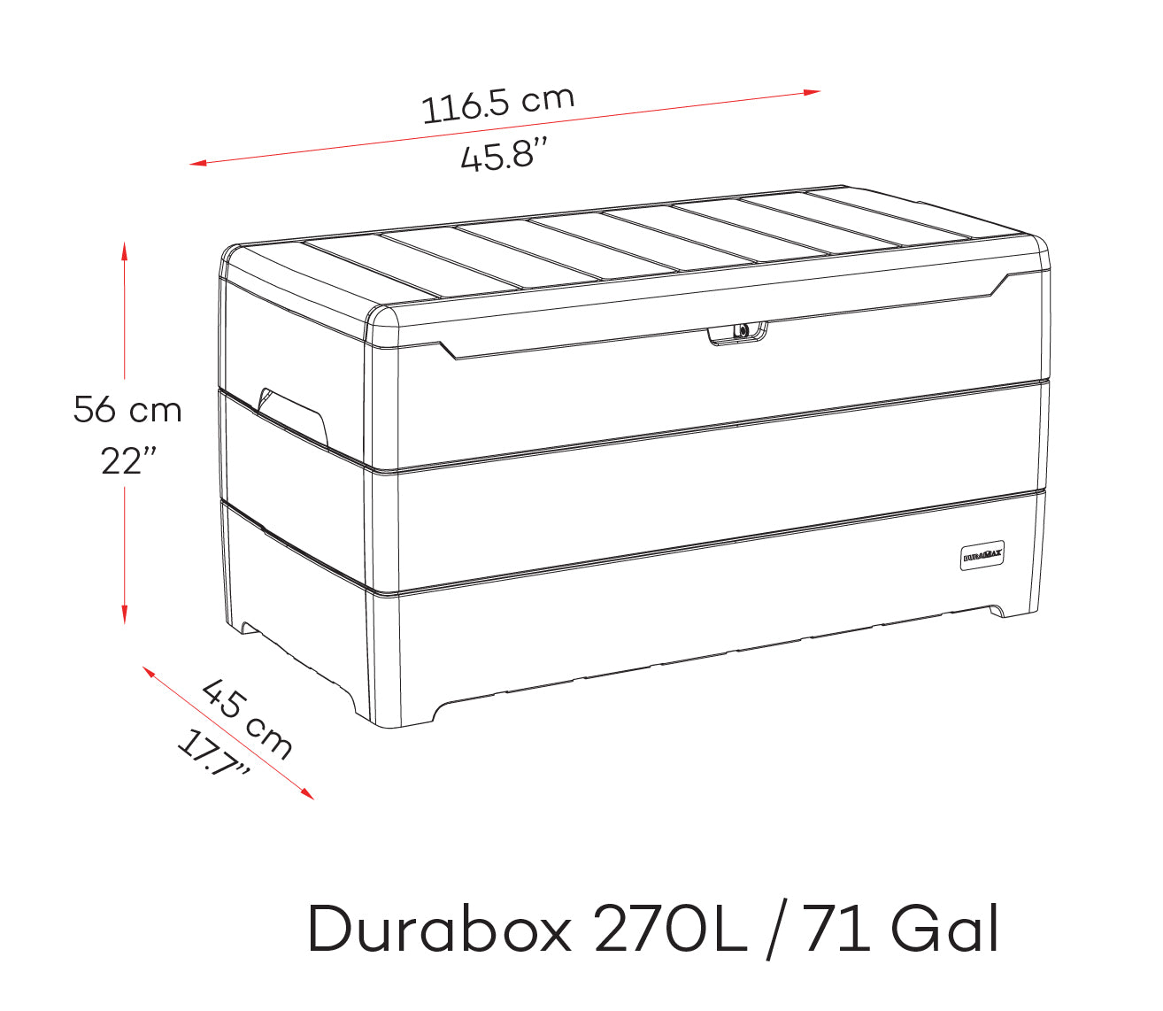 Storage box dimensions, 270 L, 116.5 x 56.