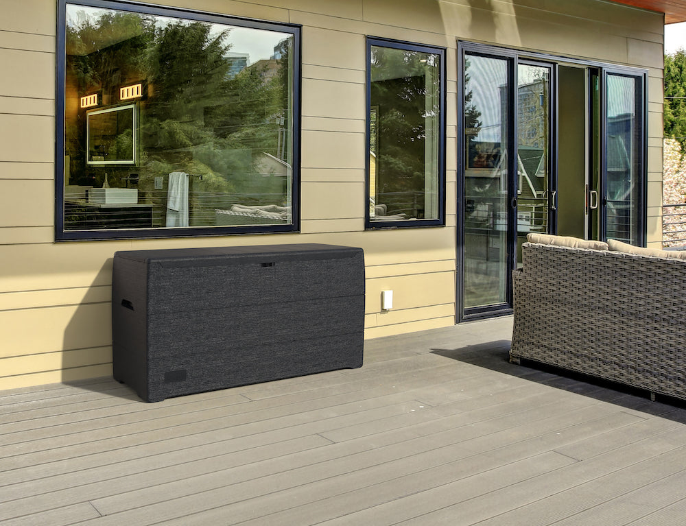 Plastic Storage box in dark grey for garden, can store any equipment and maintain them clean and secure.