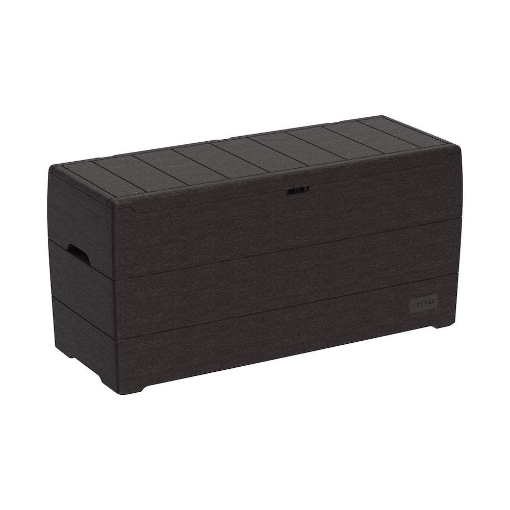 Plastic storage shed for yard with woodgrain look, storage for any summer equipment