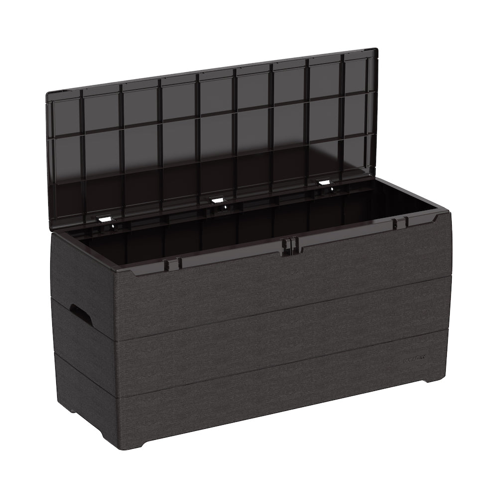 Brown cushion storage box with attractive natural wood-paneled look