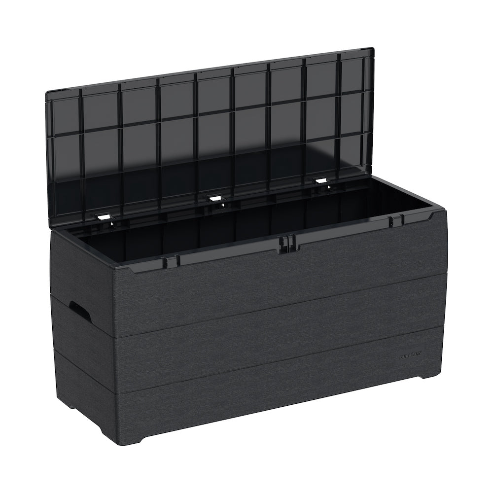 Grey cushion storage box with attractive natural wood-paneled look
