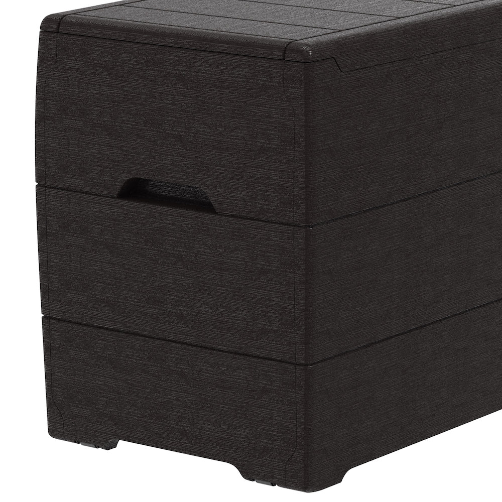 Brown cushion storage box with side handles for easy carrying.