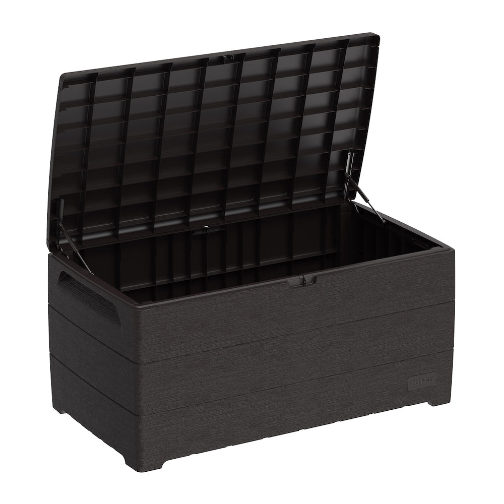 Brown plastic storage box that can be stored in the yard as a bench or to store cushions, folded furniture and summer decoration.