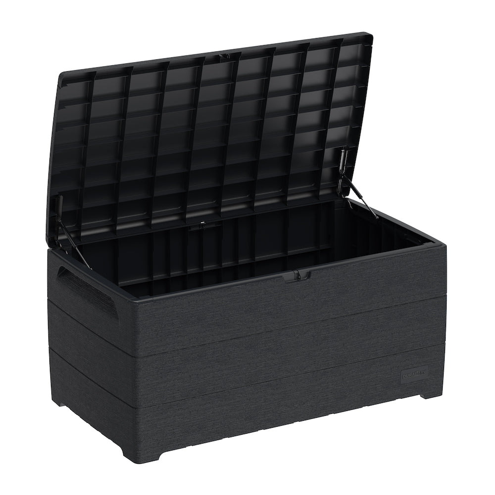 Grey plastic storage box that can be stored in the yard as a bench or to store cushions, folded furniture and summer decoration.