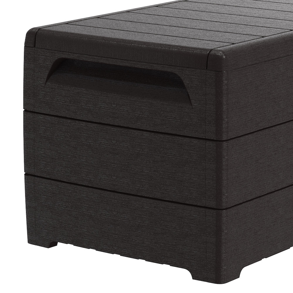 Dark Brown storage box for garden, 416 L side handles for carrying, can store many equipment and tools and be used as a bench.