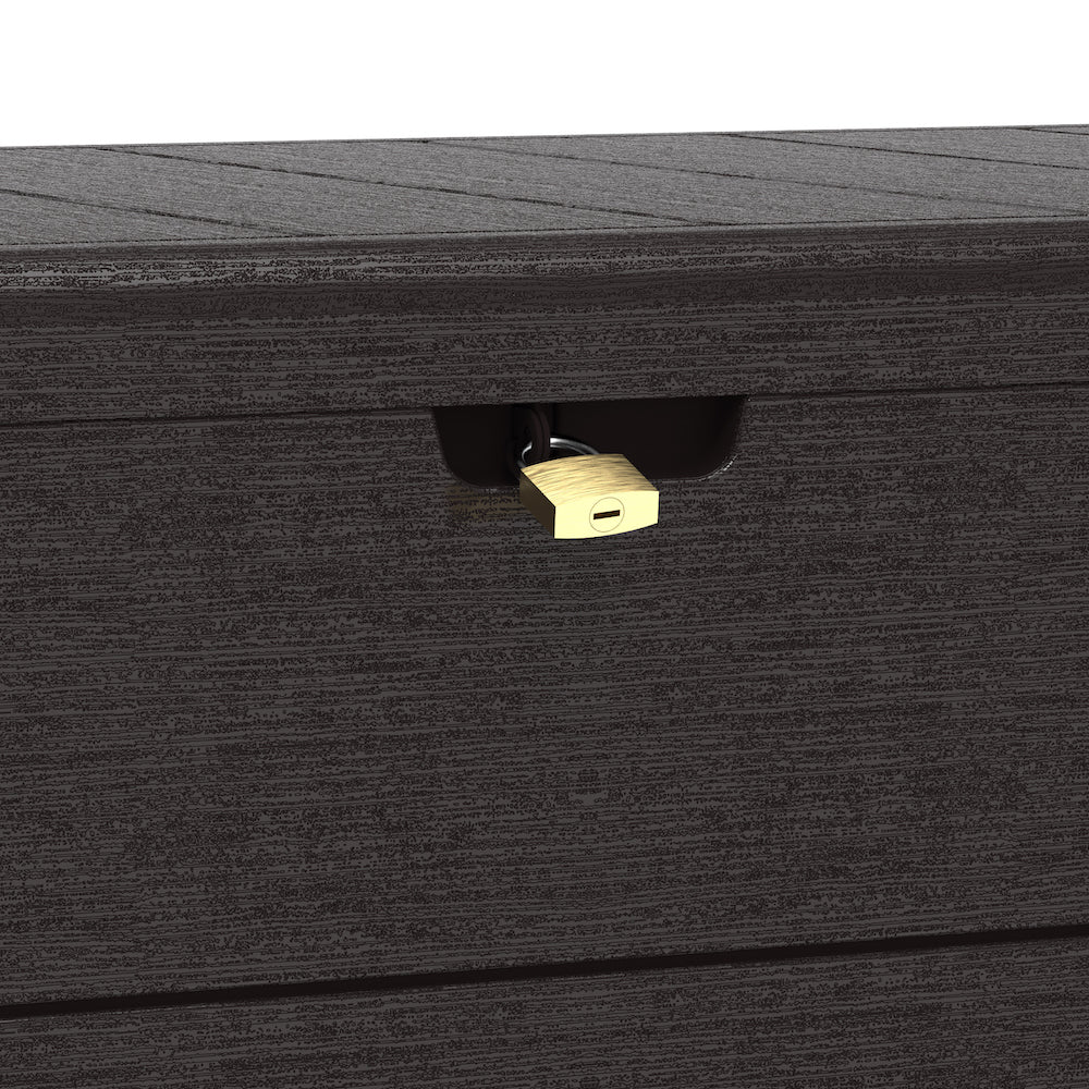 Storage box made of plastic in dark brown, 416 L, can be used to store cushions, folded furniture and can be locked for extra safety.