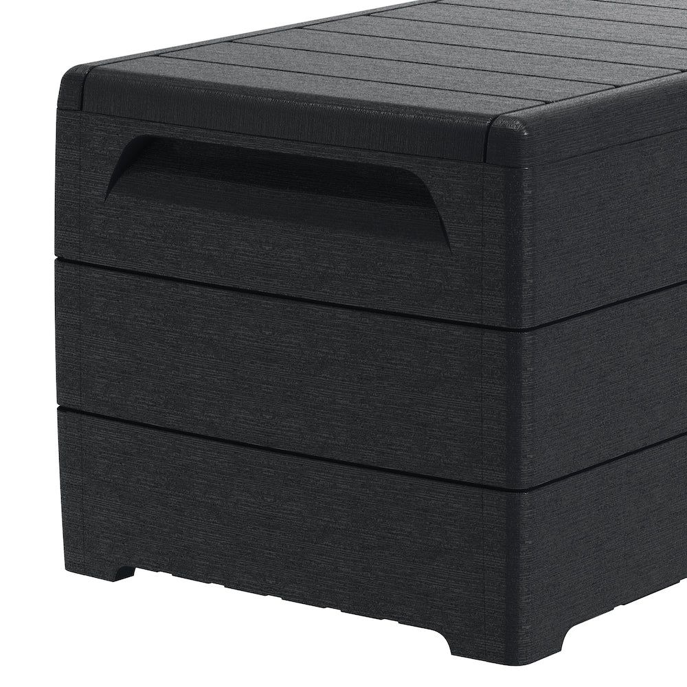 Dark grey storage box for garden, 416 L side handles for carrying, can store many equipment and tools and be used as a bench.