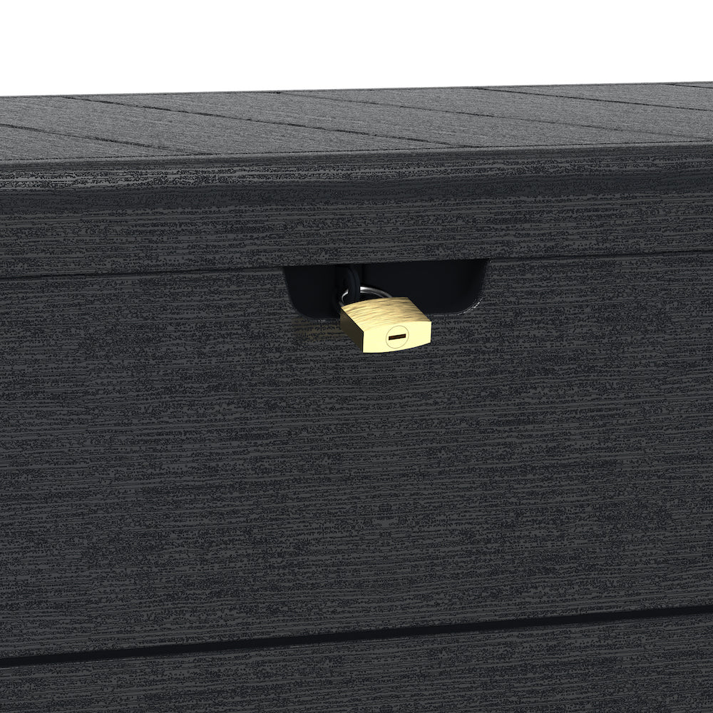 Storage box made of plastic in dark grey, 416 L, can be used to store cushions, folded furniture and can be locked for extra safety.