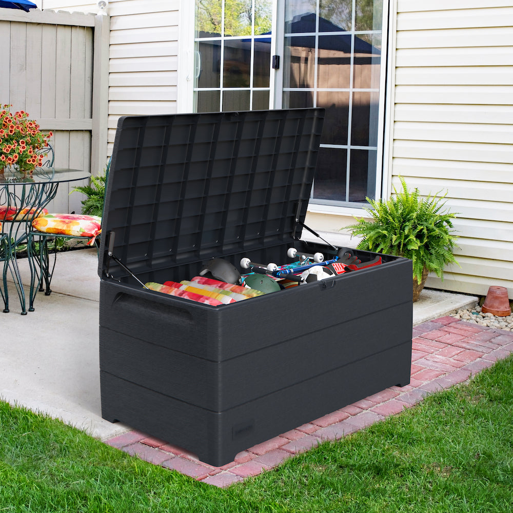 Grey storage box for garden, 416 L can store cushions, furniture or any other equipment that needs to be stored.