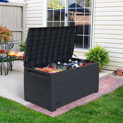 Grey storage box for garden, 416 L can store cushions, furniture or any other equipment that needs to be stored.