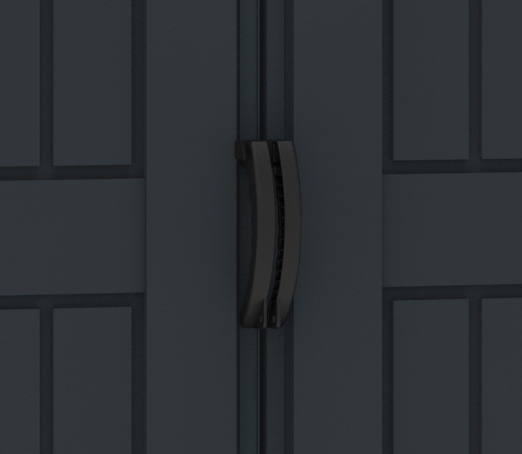 Plastic storage shed with wide double doors and handles for easy access to store anything in the shed. 