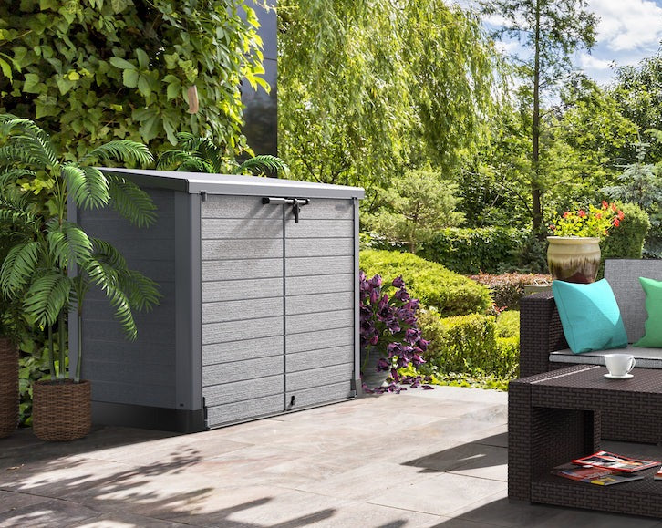 StoreAway with flat lid, ensures a lot of storage space for gardening tools, bins and any equipment.