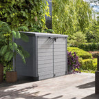 StoreAway with flat lid, ensures a lot of storage space for gardening tools, bins and any equipment.