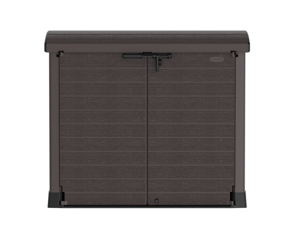 Brown yard storage shed with two entry ways for storing household items, trash containers, or any equipment.