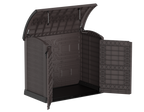 Brown patio storage shed with double doors and a roof access. 