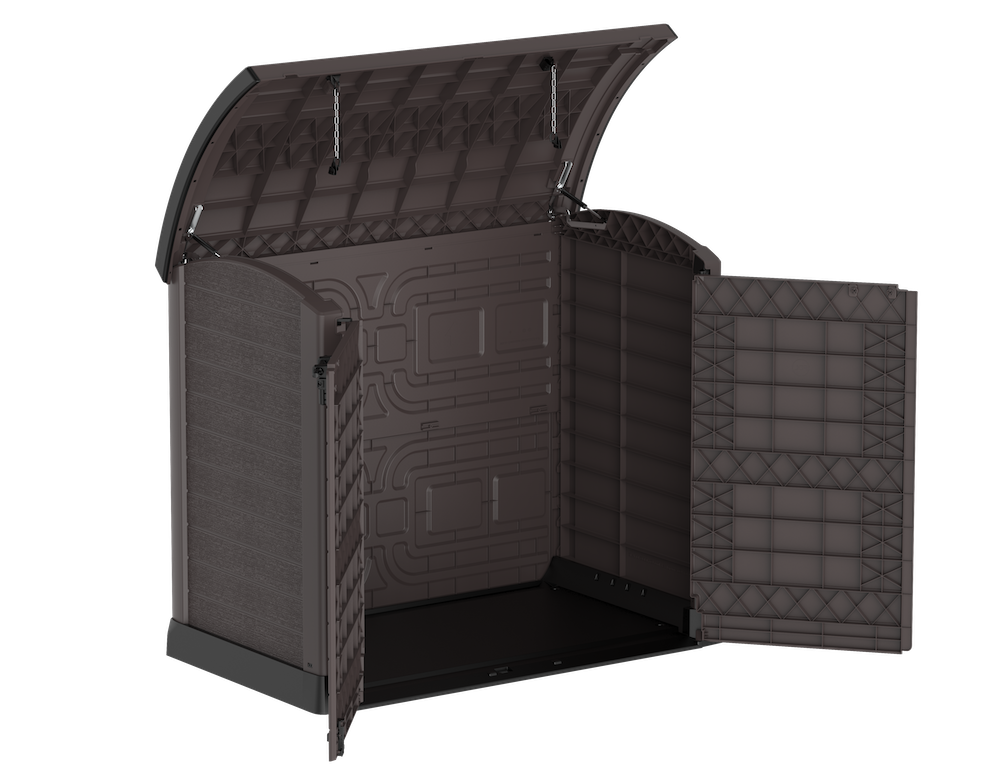 Brown patio storage shed with double doors and a roof access. 