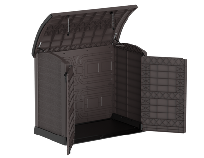 Brown patio storage shed with double doors and a roof access. 